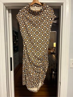Anthropologie Geometric Midi Dress in Mustard, Black and White